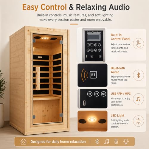 Mini Sauna 1 Person Far Infrared Sauna for Home, 4.9ft Space Saving Indoor Sauna with Front-Opening Glass Door, Natural Spruce Wood Dry Spa, 900W Rapid Warm-Up, Bluetooth, Cup Holder & LED Light - Image 3