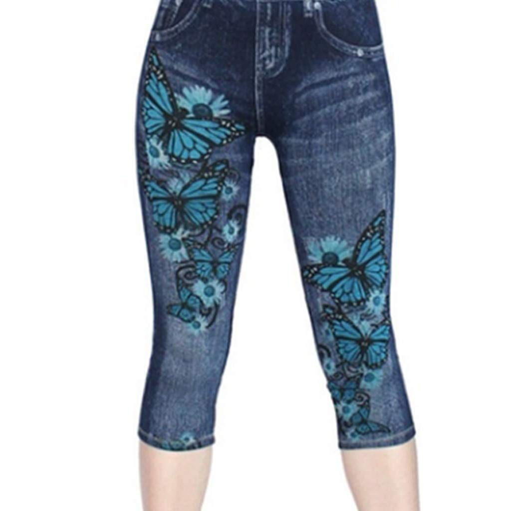 2025 Pantalones elásticos de cintura alta con estampado de mezclilla de siete pantalones para mujer pantalones de dibujos animados para mujer, azul oscuro, XL