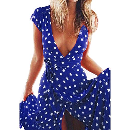 Letter Femmes D'été Boho Longue Maxi Robe En Mousseline de Soie V-Cou Soirée Robe De Cocktail Casual Plage Robe (Bleu, XXL)
