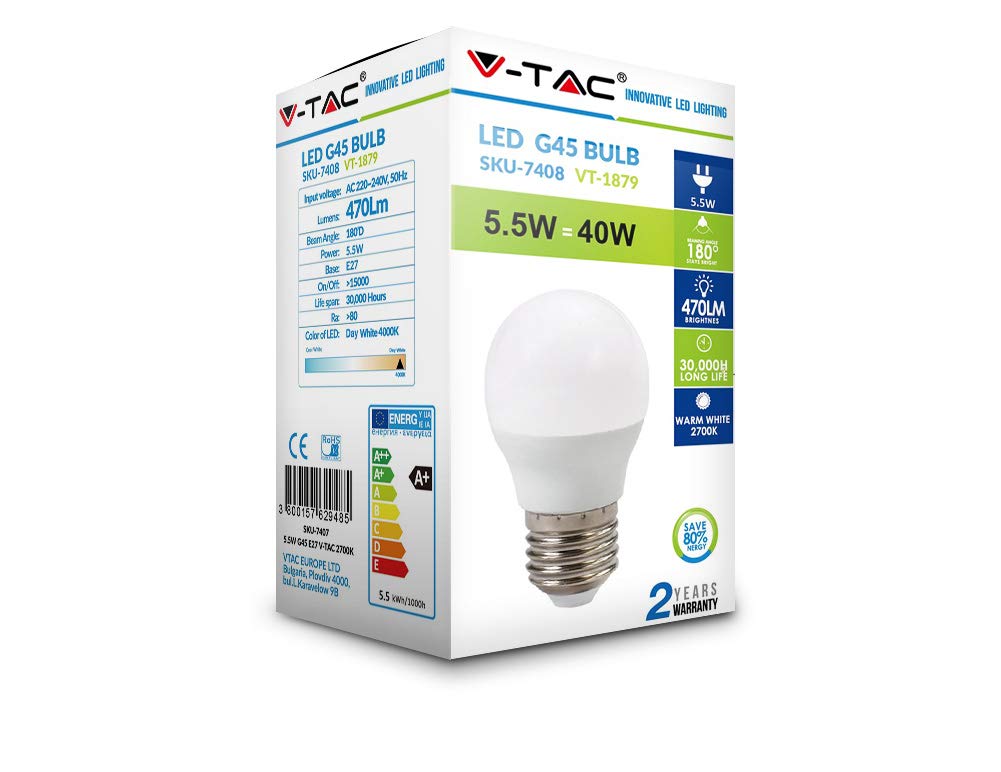 V-TAC 5.5W Energy Saving G45 Golf Light Bulb 40W Equivalent E27 ES (Edison Screw) 4000K Day White Colour Non Dimmable