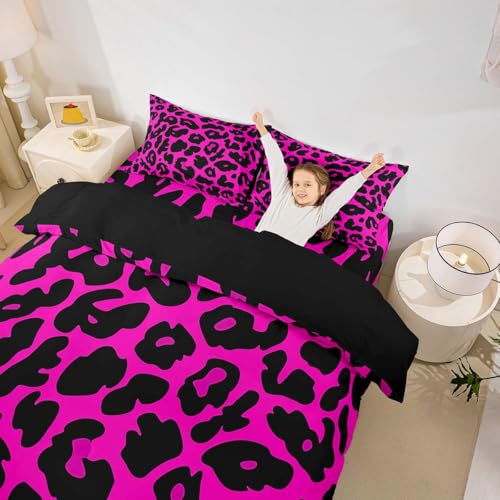 Housse de couette léopard rose parure de lit enfant guépard 2 pièces