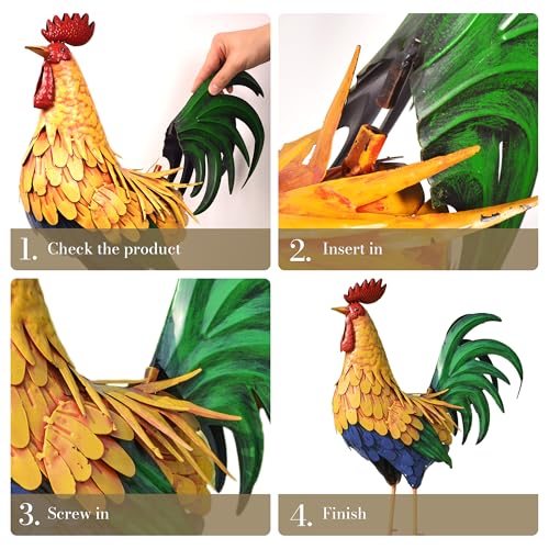 Statue de jardin coq en métal de 53 cm doré pour déco extérieure
