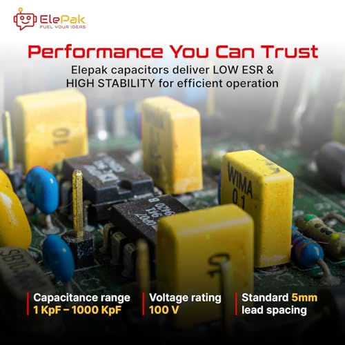 Image of 5mm Box Capacitor, 50 Pcs, 1KpF to 1F, Yellow | 5% Tolerance, High Stability, Low ESR, 100 Volts, Ideal for Audio, Power, Timing Circuits