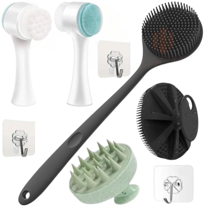 Image of Snika Silicon Brush Combo (2in1 white face brush-long brush-body scrubber-scalp massager Free hook)