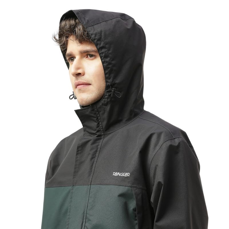Image of ZEEL Raingear Stylish Rain Jacket for Men Waterproof for Bike Riders with Adjustable Hood along with inner pockets,Waterproof Rainwear with Lightweight Polyester Jacket, ZRS001 Black Green 2XL