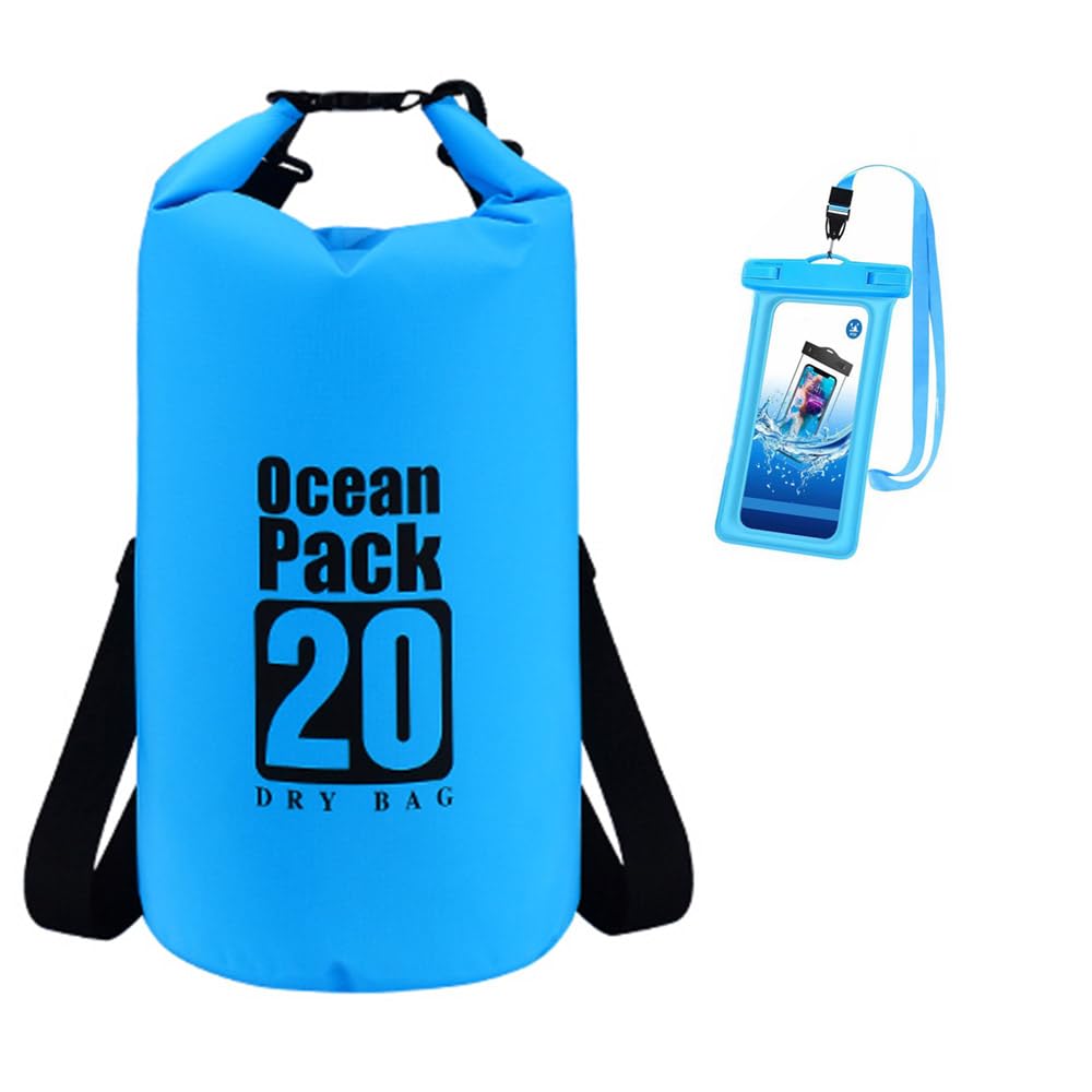 Waterproof Dry Bag - Roll Top Dry Compression Sack Keeps Gear Dry for Kayaking, Beach, Rafting, Boating, Hiking, Camping and Fishing with Waterproof Phone Case，Floating Waterproof Pouch (20L, Blue)