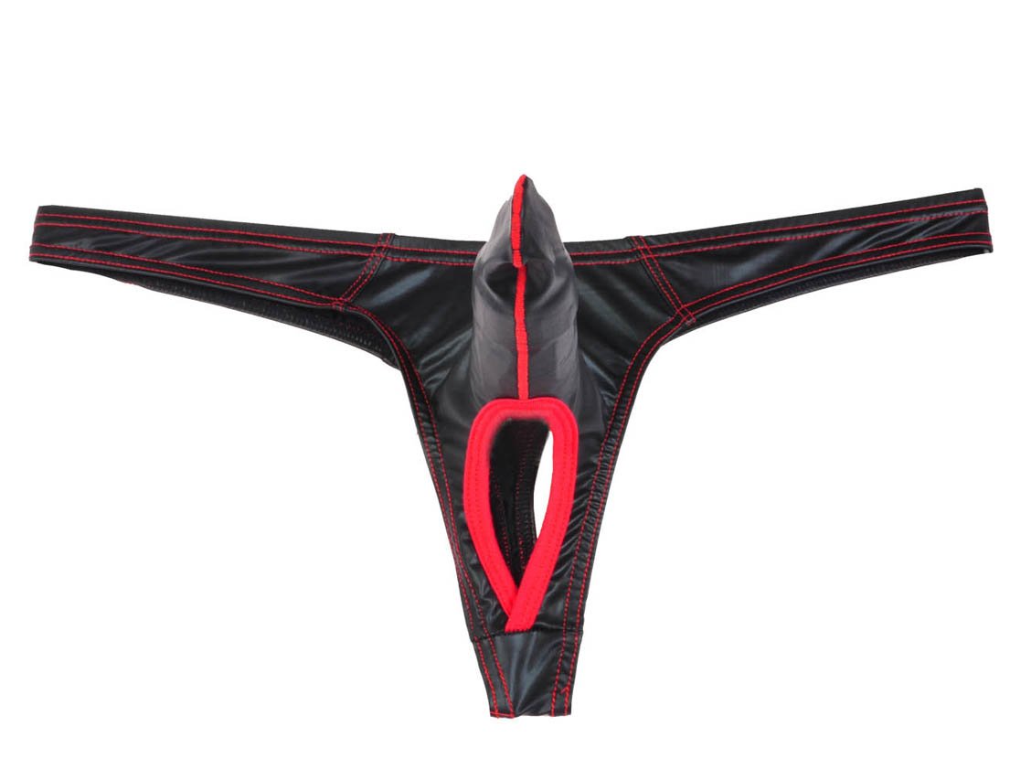 Lemja Mens Penis Sheath Cover Thongs Leather Like Nuts Out T-back Mini Brief Sexy Guy Underwear Lingerie G-string Underpants Red L