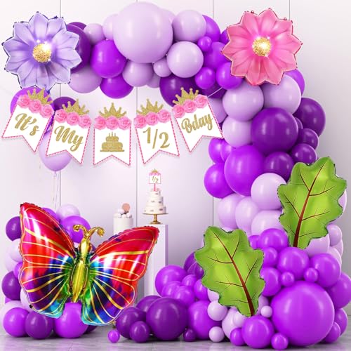 Image of Rozi Decoration Half Birthday Decoration Kit for Girls | 53 Pcs inchIt's My 1 /2 Birthday inch Banner, Cake Topper, Butterfly & Flower Foil Balloons, Garland Arch for Halfway to One Theme Party