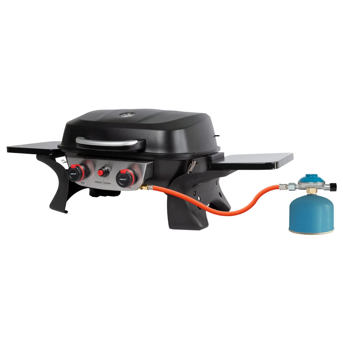 ProfiCook Gasgrill mit 2 Edelstahlbrennern | Tischgrill inkl. Gasdruckminderer & Gasschlauch | Grill mit Stabiler Metallhaube & Temperaturanzeige | Gasgrill klein für Balkon & Camping | PC GG 1261