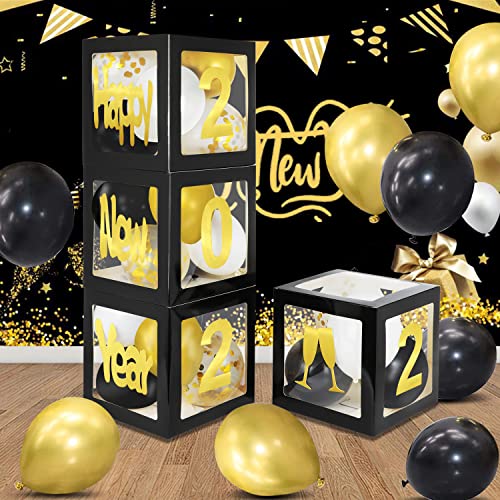 New Years Eve Party Supplies 2022, Gold 2022 Happy New Years Letter 4Pcs Party Black Boxes for Black Gold Theme New Years Eve Party Decorations