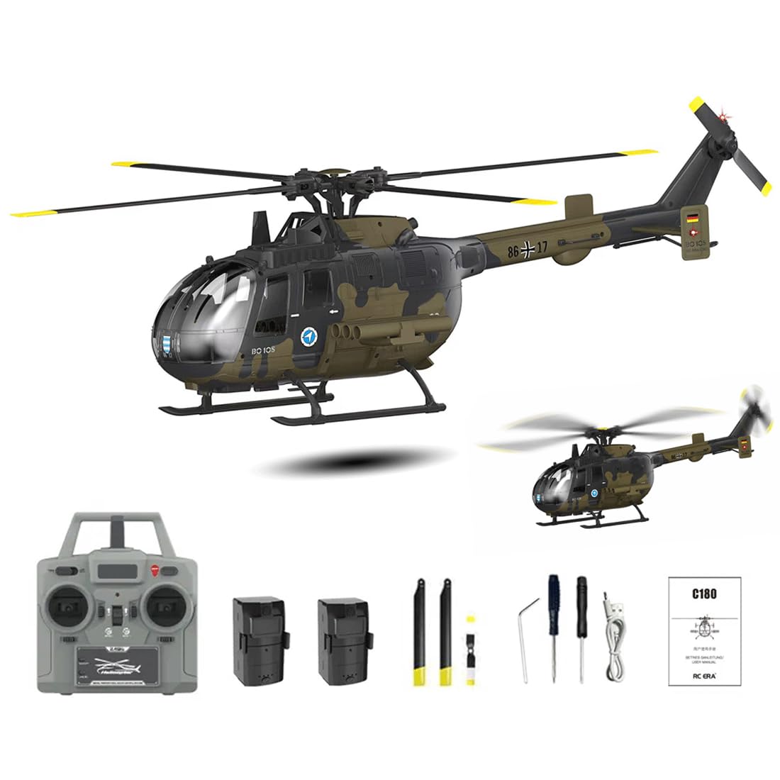 RC ERA C180 BO-105 RC Hubschrauber, 2,4 GHz 6CH 1:25 Ferngesteuerter Helikoptermit Höhenstabilisierung & Optical-Flow-Positionierung, Brushless-Motor, EIN-Tasten-Steuerung -RTF/2 Akku