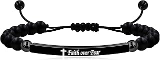 Natural Stone Beaded AdjustableBracelets Engraved Faith Over Fear and Cross | Religious Jewelry for Women and Men | Inspirational Stainless Steel Prayer Bracelet | SJY4267