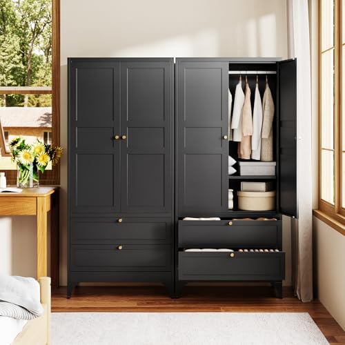 Image of Letaya 71 inch Metal Wardrobe Cabinets with 2 Drawers,Steel Armoire Wardrobe Closet with Doors and Shelves,Clothing Storage Cabinets with Hanging Rod for Bedroom, Gym, Cloak Room,Black