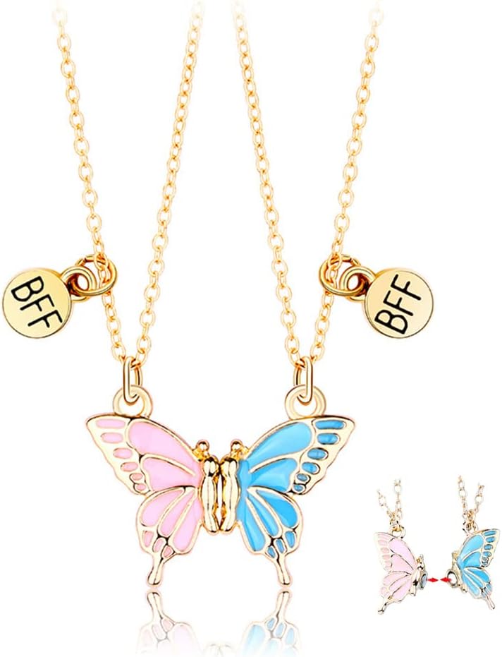 Best Friend Necklace for 2 Girls Magnetic Butterfly Matching Necklaces for Best Friends Birthday Christmas Gifts for Bff Bestie Necklace for 2 Magnet Necklace (blue)
