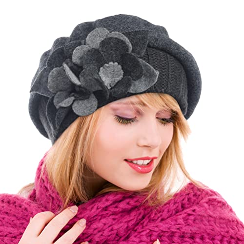Ruphedy Femme Laine Bérets Élégant Français Béret Bonnet Hiver Chapeau HY022 (HY023-Gris) Cover