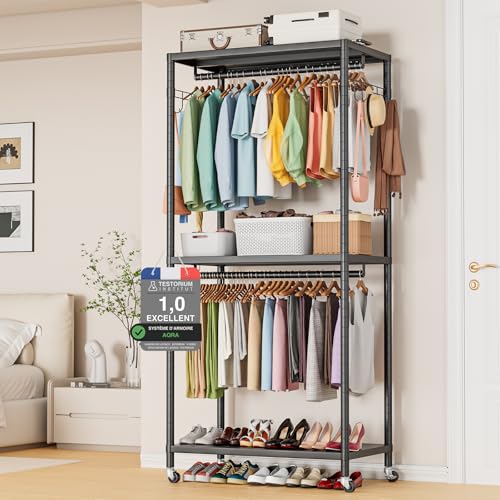 AQRA Portant à Vêtements Solide, Dimensions: 90 × 40 × 200 Centimètres,200kg, Penderie Sur Roulette, Penderie Metall Avec 2 Tringles, 3 Etagères de...