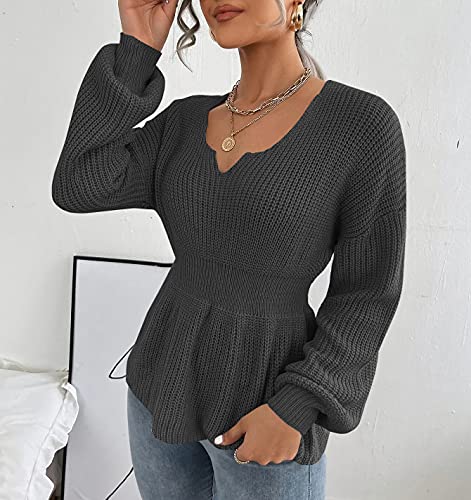Image of Veatzaer Womens V Neck Sweaters Fall Trendy Casual Long Lantern Sleeve Ribbed Knit Pullover Sweater Tops