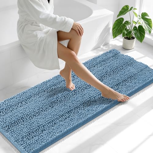 Image of Smiry Thick Chenille Bathroom Runner Rugs 59x20, Absorbent Striped Bath Mat, Machine Washable, Rubber Backing, Extra Long Bath Rugs for Tub & Shower, Modern Home Decor Accessories, Airy Blue