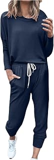 Tracksuit for Women 2 Piece Set Long Sleeve Top Round Neck Comfortable Casual Wear Solid Color Soft Loungewear Winter Top and Winter, Navy, M