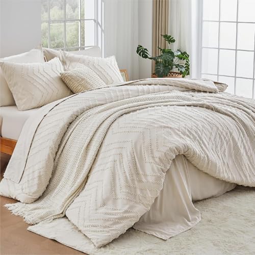 Image of Andency Beige Queen Comforter Set, Bed in a Bag - 7 Pieces Boho Tufted Cream Bedding Set with 1 Comforter, 1 Flat Sheet, 1 Fitted Sheet, 2 Pillow Shams, 2 Pillowcases