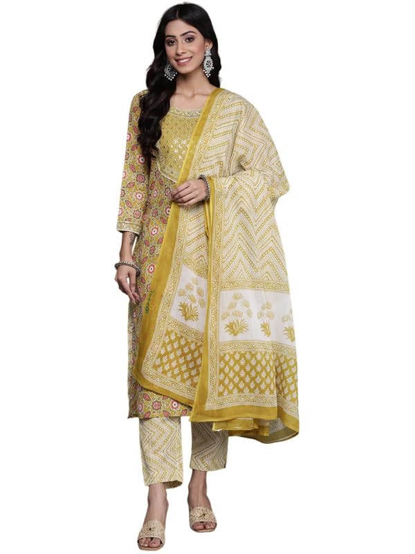 Varanga Women's Cotton Kurta Set (Nv_Vskd170_Lime Green