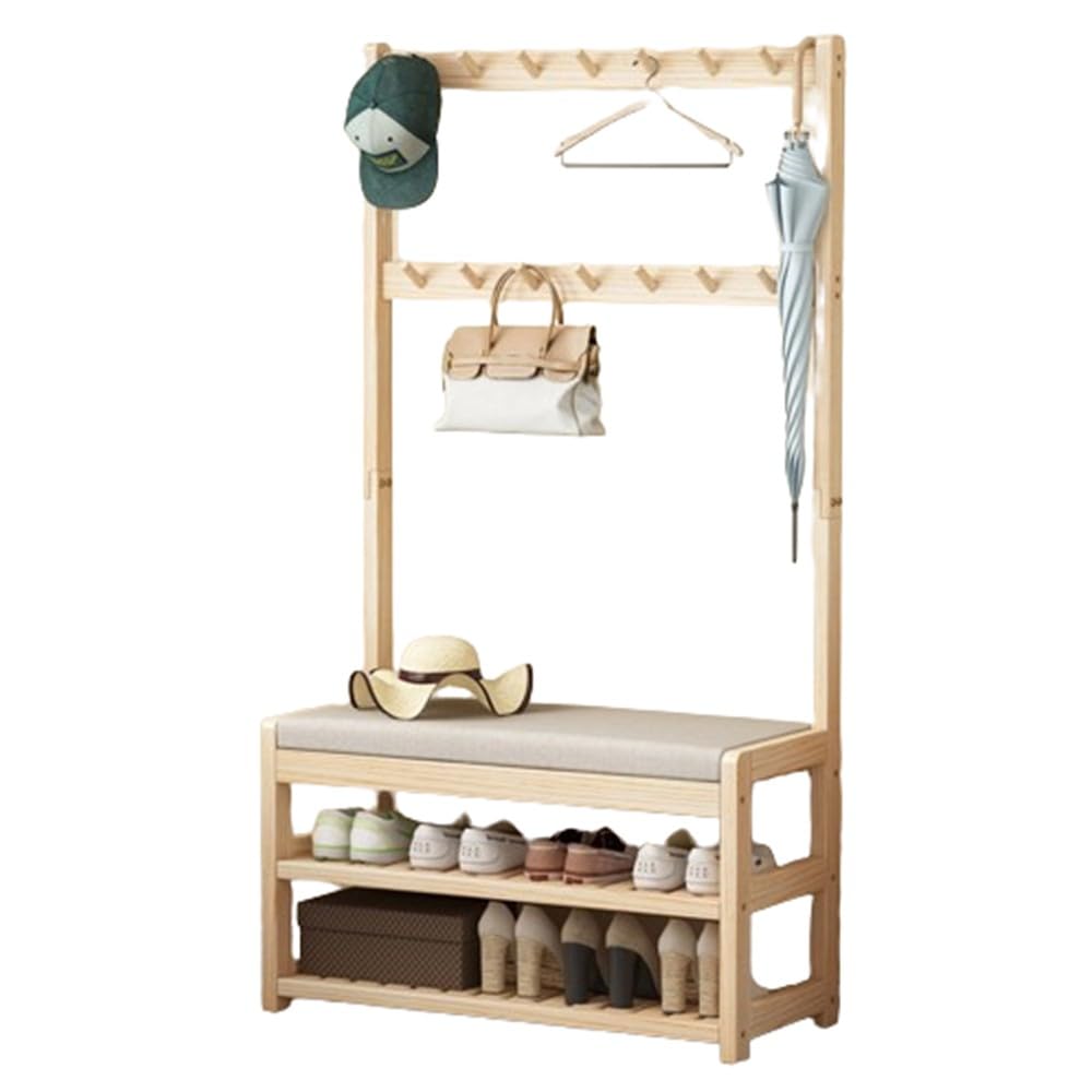 Porte-manteau industriel en bois avec banc à chaussures et crochets pour un couloir moderne
