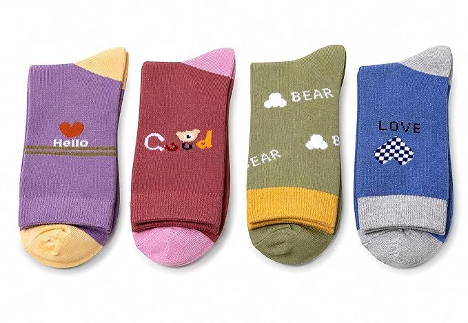 Image of Kids Cotton Crew Socks for Boys & Girls (3-5 Years) | Soft Breathable Cotton Blend Daily Wear Socks | Bear Love & Hello Print | Comfortable Crew Length | Pack of 6 | Multicolour