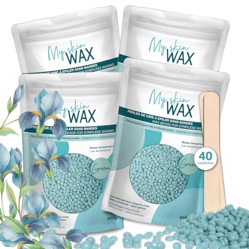 My Skin Wax - Perlas de Cera para Depilación Sin Bandas, 800g, Hipoalergénico, Depilatoria Indolora Sin Enrojecimiento, Especial Para Pieles Sensibles Hombre Mujer, Depilar Facial, Brasileño Verde