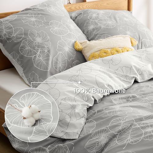 BEDSURE Bettwäsche 200x200 Baumwolle 3teilig - Grau Ginkgo – Ansicht 3
