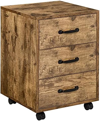 HOMCOM Rolling Storage Cabinet with 3 Drawers, Under Desk Mobile Home Office Organizer, Rustic Brown