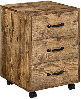HOMCOM Rolling Storage Cabinet with 3 Drawers, Under Desk Mobile Home Office Organizer, Rustic Brown