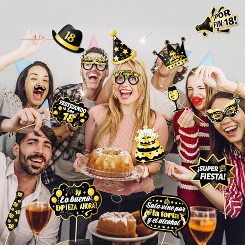 Miniatura 5 de Photocall Feliz 18 Cumpleaños 28pcs Accesorios Marco Hinchable Oro Negro