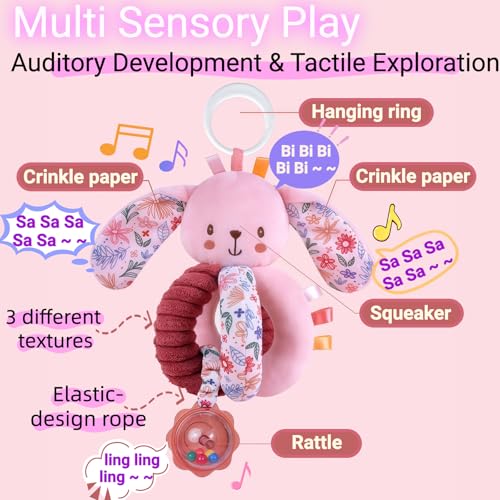 Image of Baby Stroller Hanging Car Seat Toys for Infants 0-6 Months Girl 0-2-3-4-5-7-8-9-10 6-12-18 Month Old Newborn Gifts, Carseat Pink Plush Bunny Travel Toy for Babies Boy Play Gym Rattle Squeaky