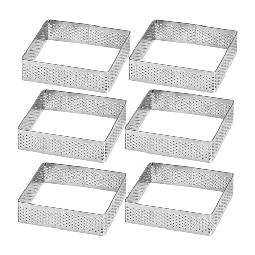 Xanewza Lot de 6 Cercle à Tarte Perforé Carré, Anneau à Tarte de Pâtisserie, Cercle Tartelette en Acier Inoxydable, Perforés pour Gâteaux en Mousse(7.5...