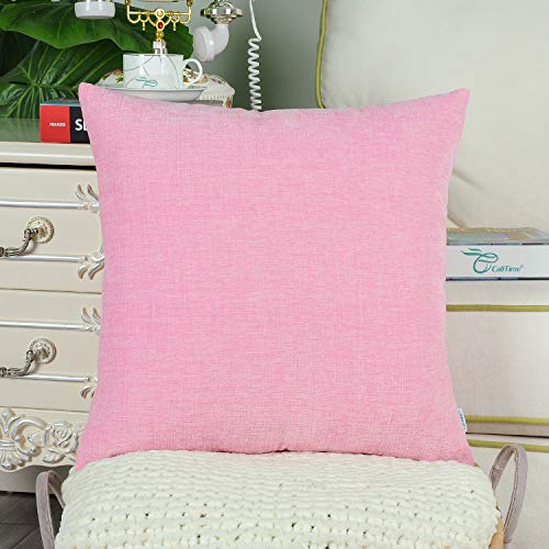 Image of CaliTime Pack of 2 Cozy Throw Pillow Covers Cases for Couch Sofa Home Decoration Solid Dyed Soft Chenille 18 X 18 Inches Candy Pink