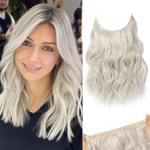 REECHO Invisible Wire Hair Extensions with Thinner Softer Lace Weft Adjustable Size Removable Secure Clips in Wavy Secret Hairpiece for Women 12 Inch (Pack of 1) – Platinum Blonde