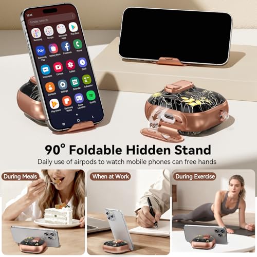 Image of for AirPods 4 Case 2024 with Safty Lock-Black Gold Leaves | As Phone Stand, for Women Girly, with Keychain & Cleaner Kit,Two-Piece Design,Support Wireless Charging,Clear TPU+PC Material
