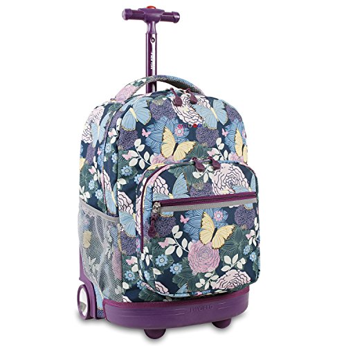 J World New York Sunrise Rolling Backpack. Roller Bag with Wheels, Secret Garden, 18"