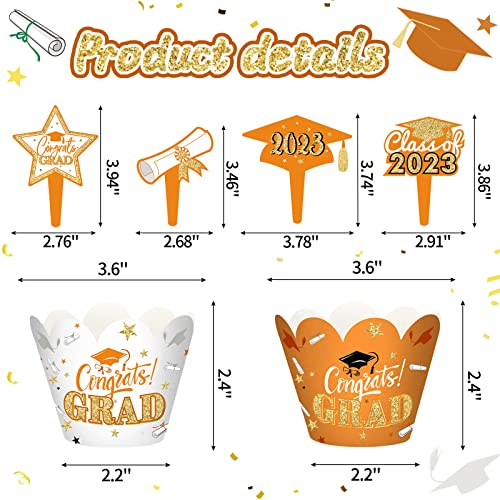 96 Pieces 2023 Graduation Cupcake Toppers Wrappers Congrats Grad Cake Decorations Adjustable Grad Cap Diploma Cake Wrappers Toppers Class Of 2023 Grad Graduation Party Supplies (Orange) #TOP2