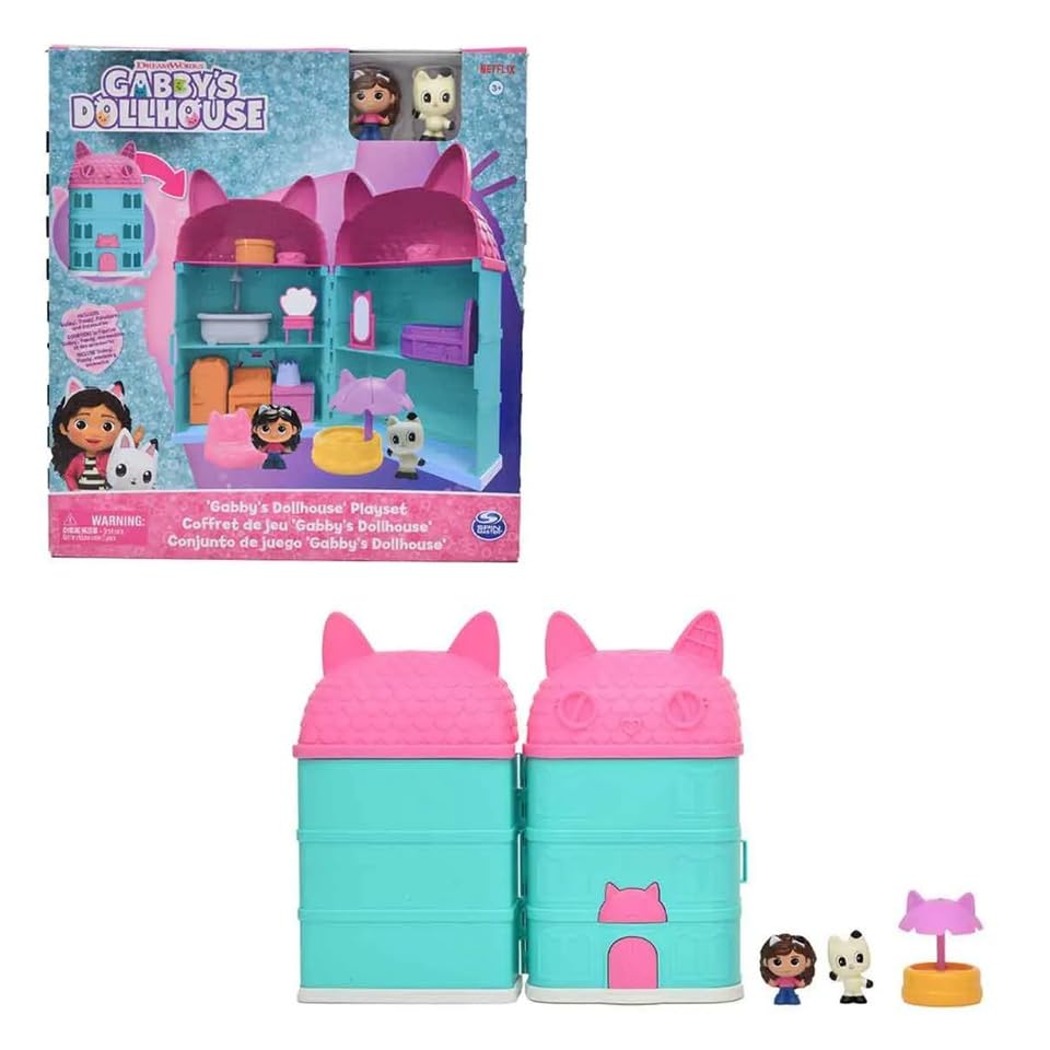Spin Master DreamWorks Gabby's Dollhouse, casa delle bambole con personaggi e accessori, set da gioco Netflix, casa con gatto turchese e rosa