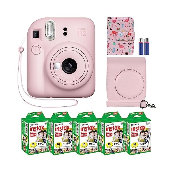 Fujifilm Instax Mini 12 Instant Camera + MiniMate Accessory Bundle & Compatible Custom Case + Fuji Instax Film Value Pack (50 Sheets) Flamingo Designer Photo Album (Blossom Pink)
