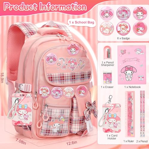 Ensccant Mochila para meninas com acessórios – Mochila escolar de anime com desenho animado, para la