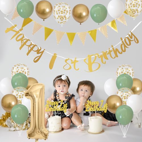 Image of 1st Birthday Decorations for Boys Girls, Sage Green White Gold Birthday Balloons with Happy 1st Birthday Banner First Birthday Cake Decoration Number 1 Balloon for Baby 1 Year Old Birthday Party Decor