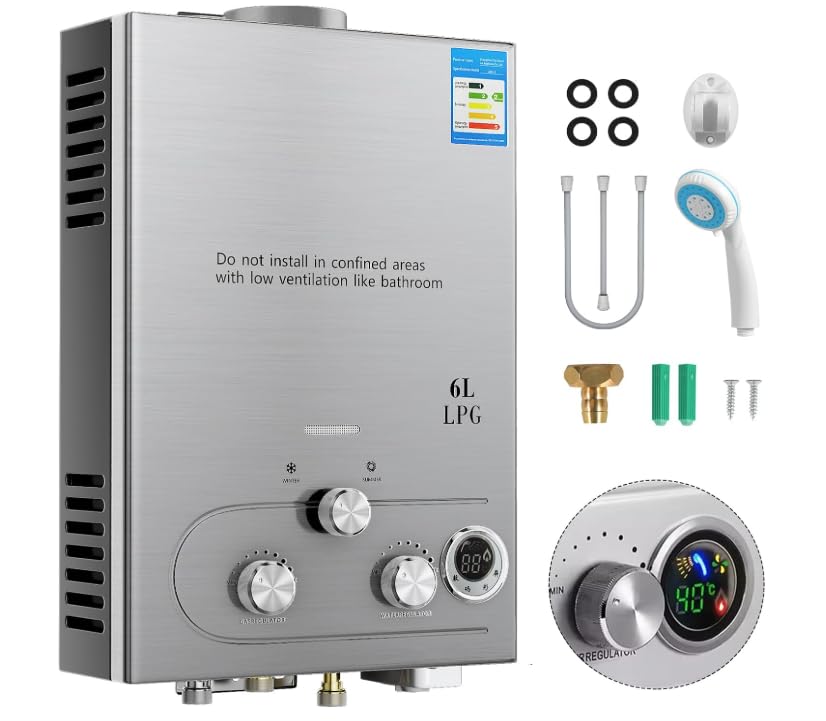 Chauffe-eau au gaz Propane gpl 7L/min (2.1 GPM),Chauffe-eau Instantané 14KW LPG avec une Pression d'Eau de Départ Très Faible de 0,2 bar,Fonctionne au Butane et Propane (argent)