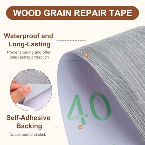 Image of MECCANIXITY Wood Grain Repair Tape, 4 Inch x 16 Feet Self Adhesive Wood Grain Tape Multi-Purpose Wallpaper Border Trim for Furniture Floors Windows Doors Tables Home, Gray
