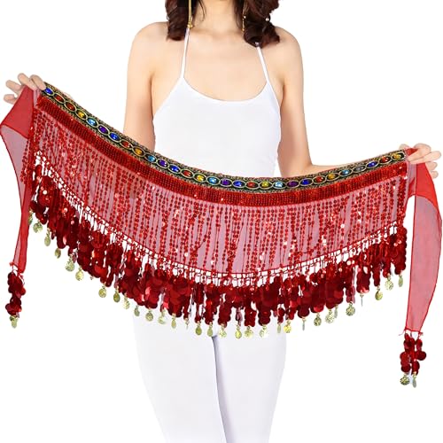 MUNAFIE Women's Belly Dance Hip Scarf Performance Outfits Skirt Festival Clothing Red&Red