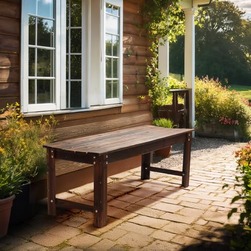 Image of VINGLI Outdoor Wood Bench, 48 inch Outdoor Bench Patio Wooden Bench Garden Bench Outdoor Backless Bench for Deck Patio (Carbonized)