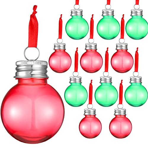 Christmas Clear Plastic Ornaments Balls Christmas Fillable Tree Plastic Hanging Ornaments Water Bottle Bulbs for Home Holiday Decor(Green Red with Silver Lid,14 Pieces)