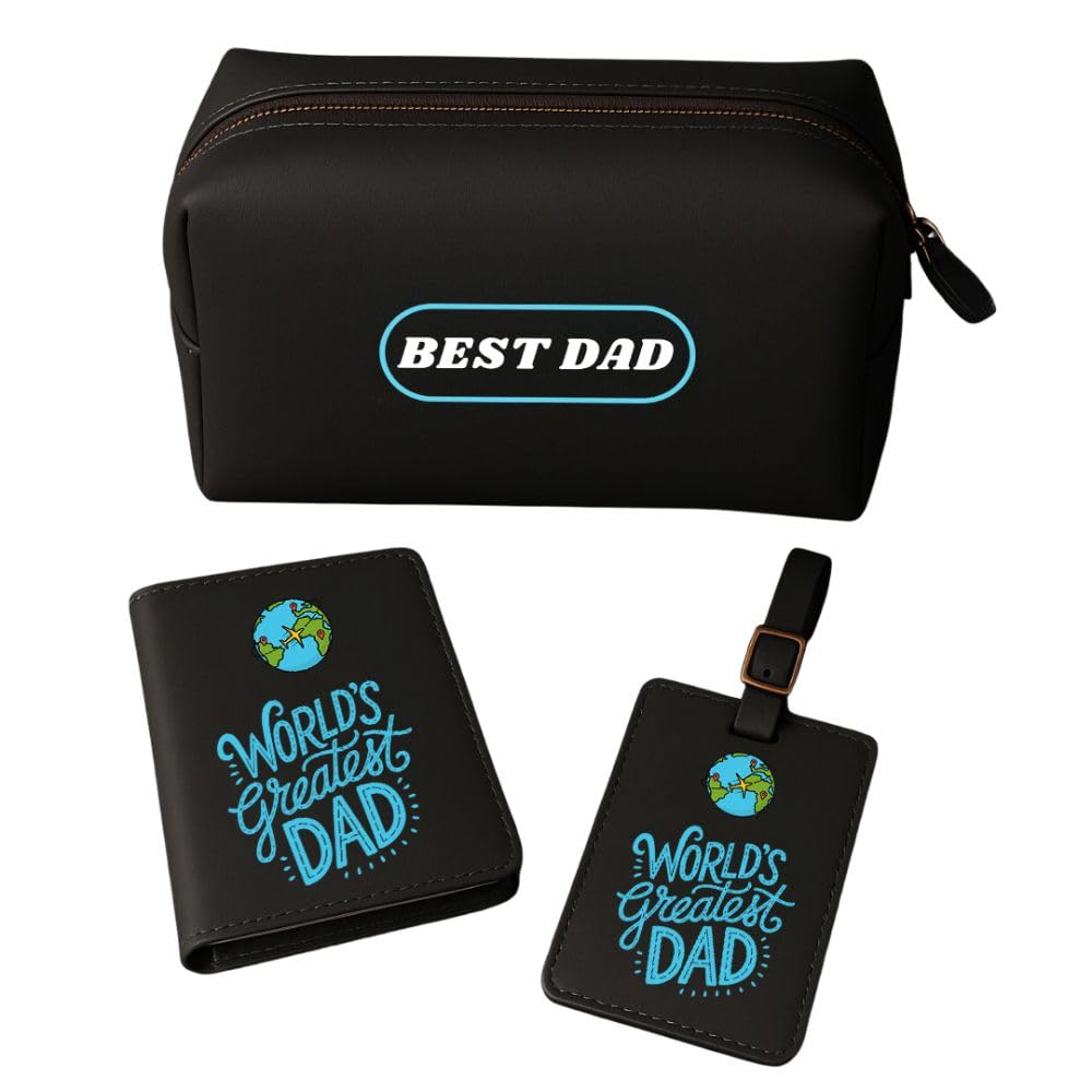 Father's Day Travel Set, PU Leather Pouch, Passport Cover and Luggage Tag, Black, World's Greatest Dad Design-image-22