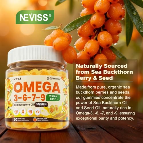 Image of Omega 3-6-7-9 Gummies, Organic Sea Buckthorn Oil 1200MG & Flaxseed Oil 500MG, Vegan Omega 7 Supplement w /Vitamin A, C, E, Fatty Acids, No Fish Taste, Supports Skin, Eye, Immune, Brain Health, 120 Cts